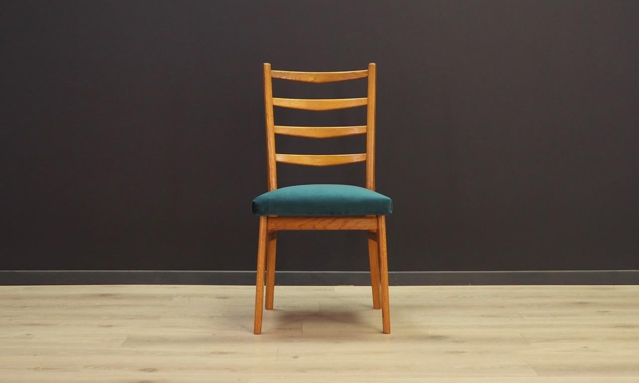 Set of four Classic chairs from the 1960s-1970s, Scandinavian design, Minimalist form. Original upholstery made of green velour. Construction made of teak wood. Maintained in good condition (minor bruises and scratches), directly for