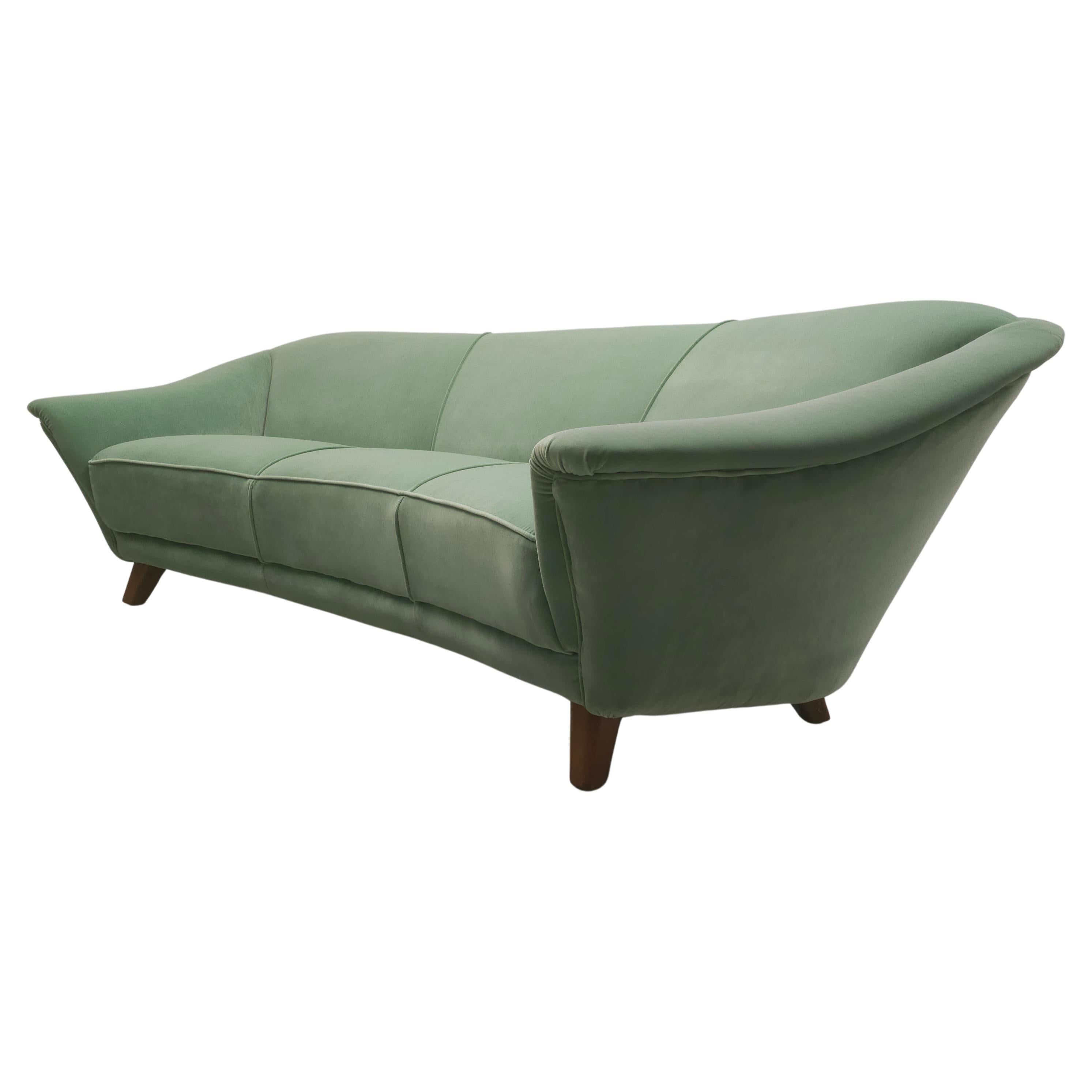 Green velvet 50's 'banana' sofa For Sale