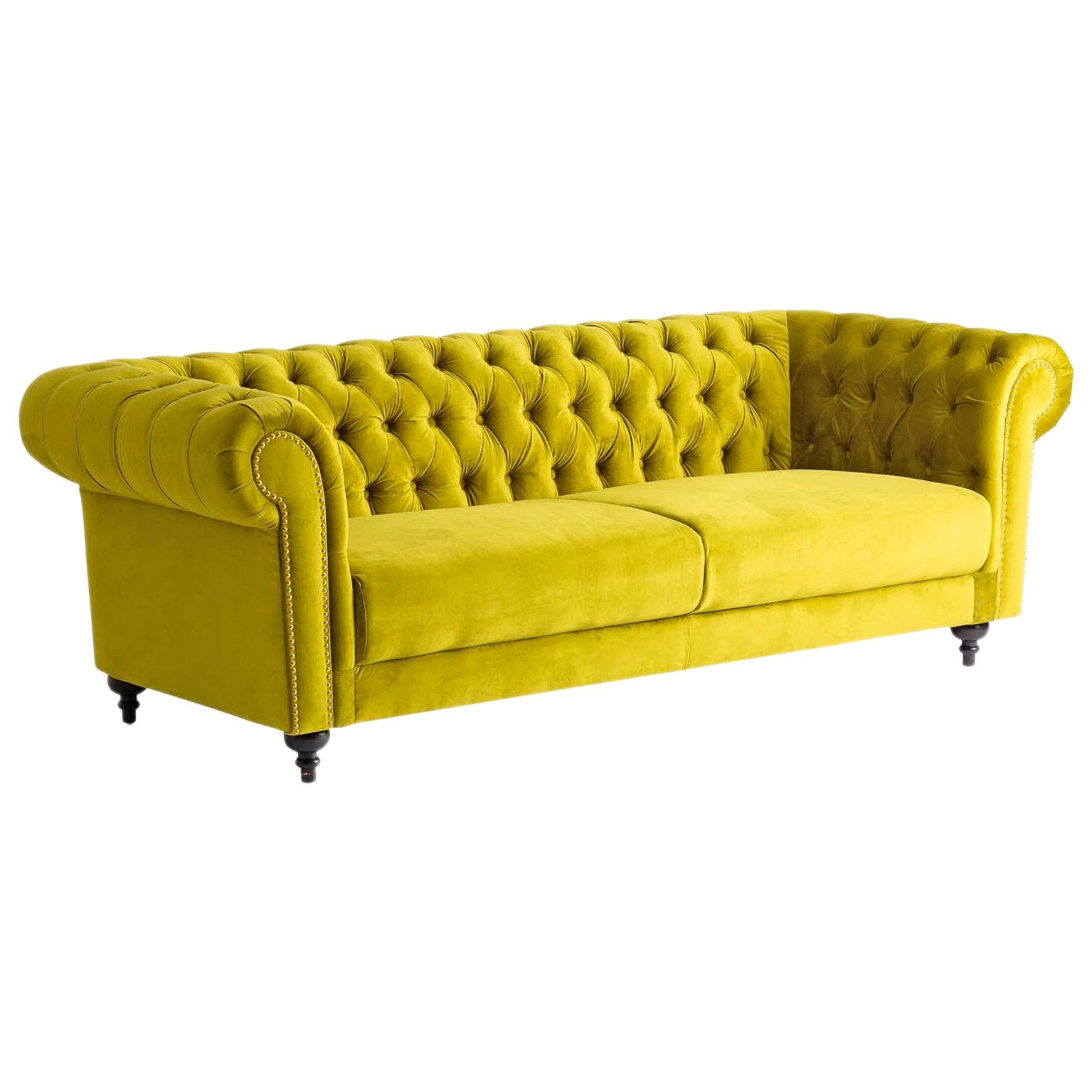 Green Velvet and Black Wooden Feet Chesterfield Sofa