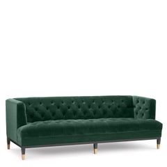 Green Velvet and Black Wooden Feet with Brass Finishes Chesterfield Style Sofa