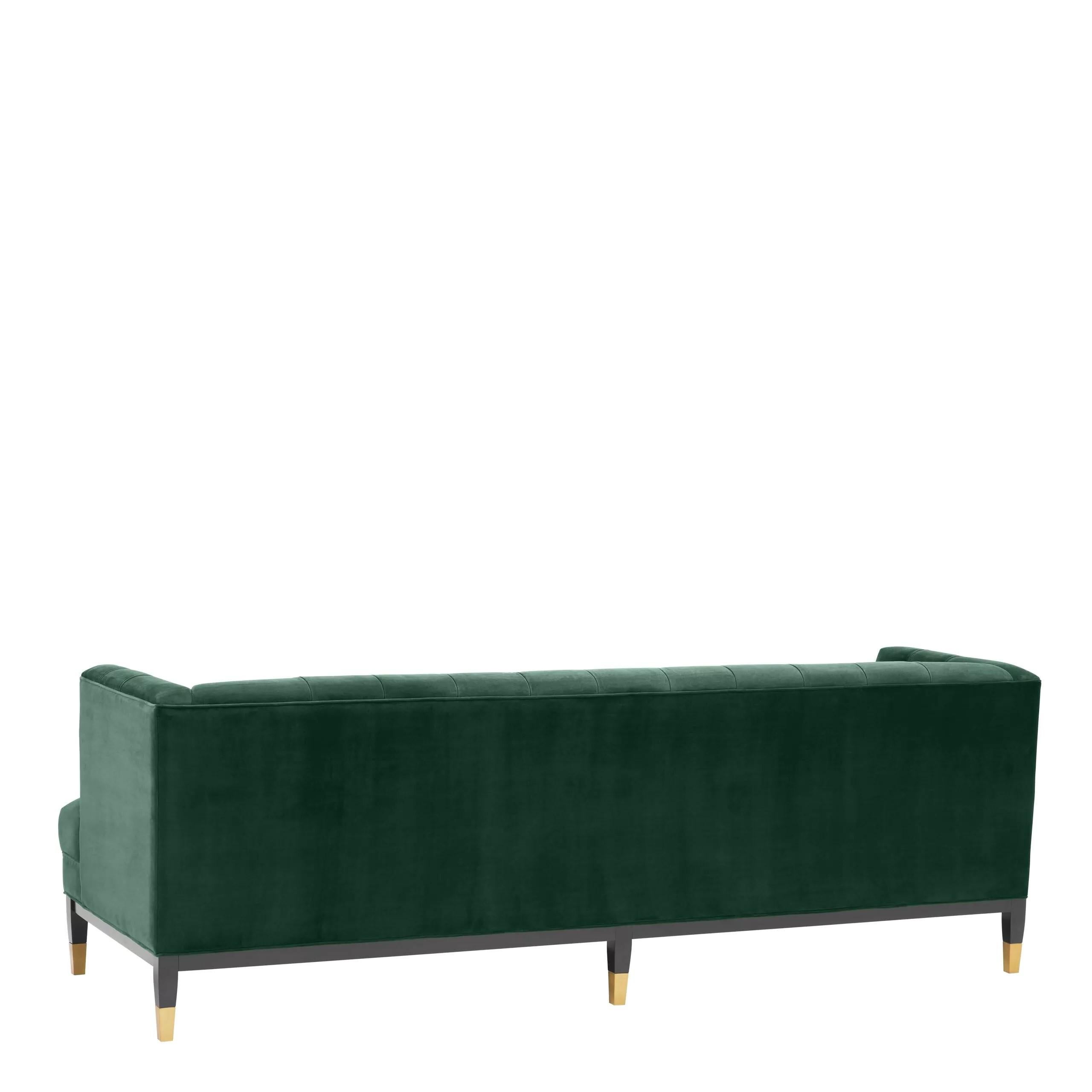 Unknown Green Velvet and Black Wooden Feet with Brass Finishes Chesterfield Style Sofa For Sale