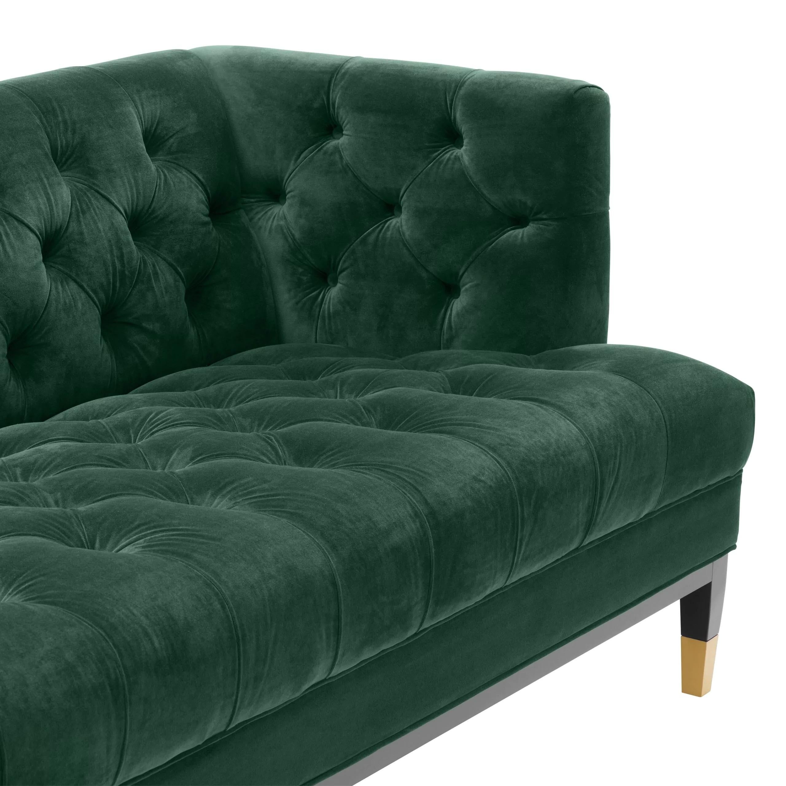 Contemporary Green Velvet and Black Wooden Feet with Brass Finishes Chesterfield Style Sofa For Sale