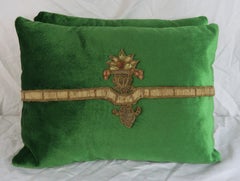 Green Velvet Applique Pillows, Pair