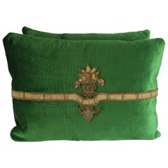 Green Velvet Applique Pillows, Pair