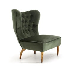 Green Velvet Armchair with Quilted Backrest, 1930s
