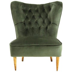 Vintage Green Velvet Armchair with Quilted Backrest, 1930s