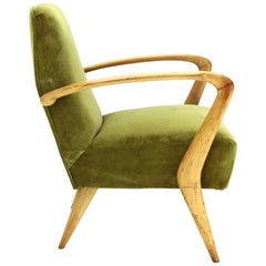 Green Velvet Armchair with Wooden Armrests, 1950s