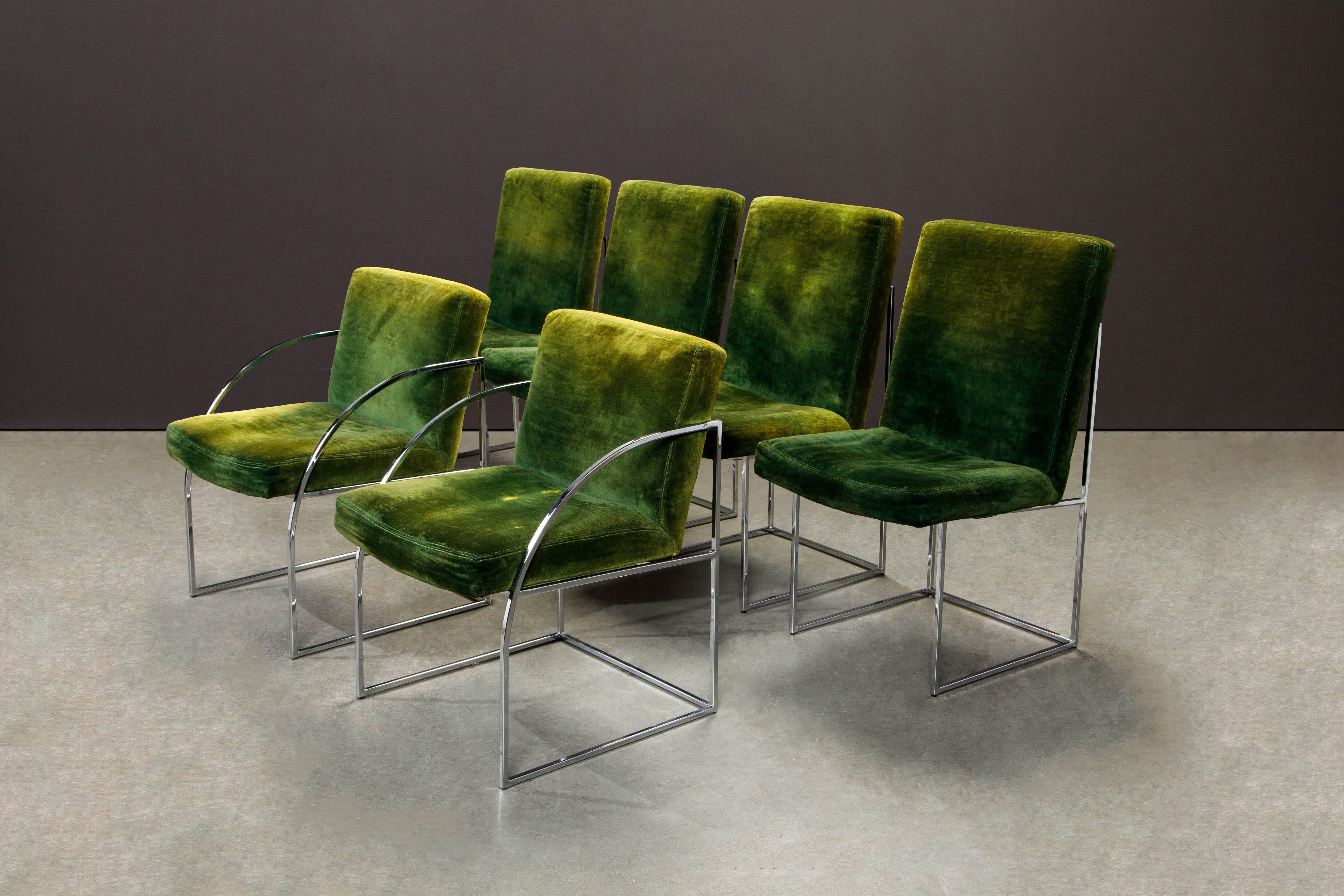 A beautiful collectors pair of chrome dining armchairs by Milo Baughman for Thayer Coggin, signed with early year labels and original order cards which are date stamped with the year 1975, the same great year that brought us Jaws, The Rocky Horror