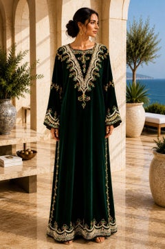 Vintage Moroccan Bindalli Caftan in Emerald Green Velvet, 1970s