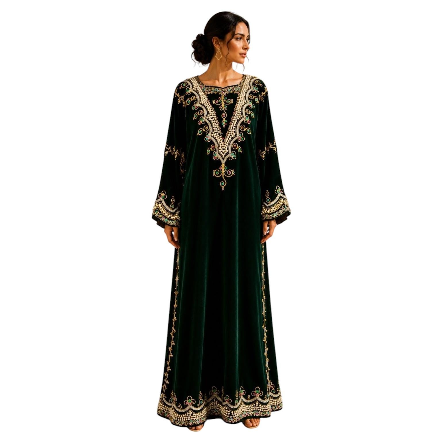 Caftán marroquí vintage estilo «bindalli» de terciopelo verde esmeralda, de los años 70