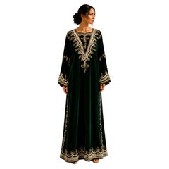Vintage Moroccan Bindalli Caftan in Emerald Green Velvet, 1970s