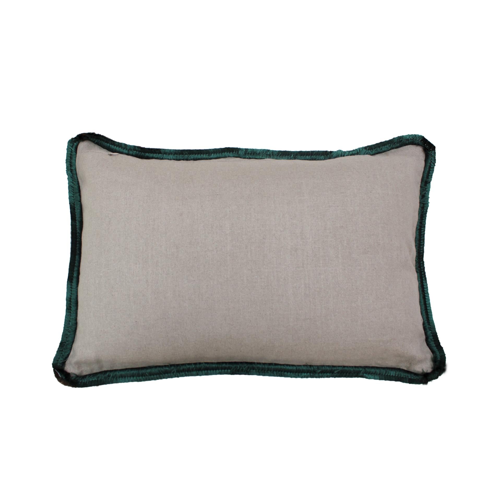 Green velvet cushion in high quality cotton with double black tinsel trim and linen back.

Every item LA Studio offers is checked by our team of 10 craftsmen in our in-house workshop. Special restoration or reupholstery requests can be done.