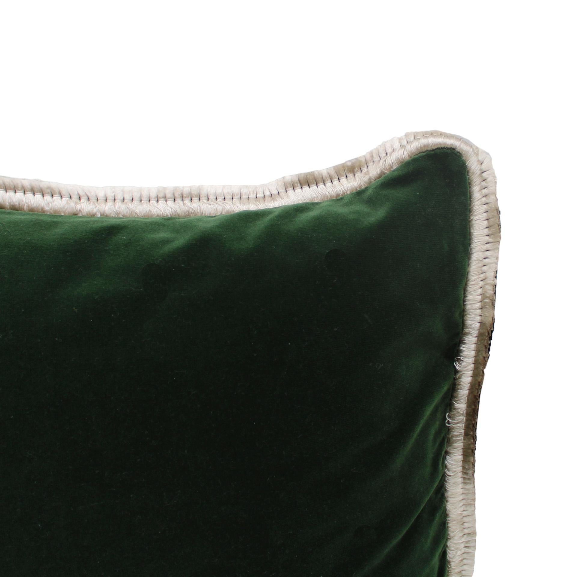 Mid-Century Modern Green Velvet Cushion in Cotton with Double Tinsel Trim and Linen Back For Sale