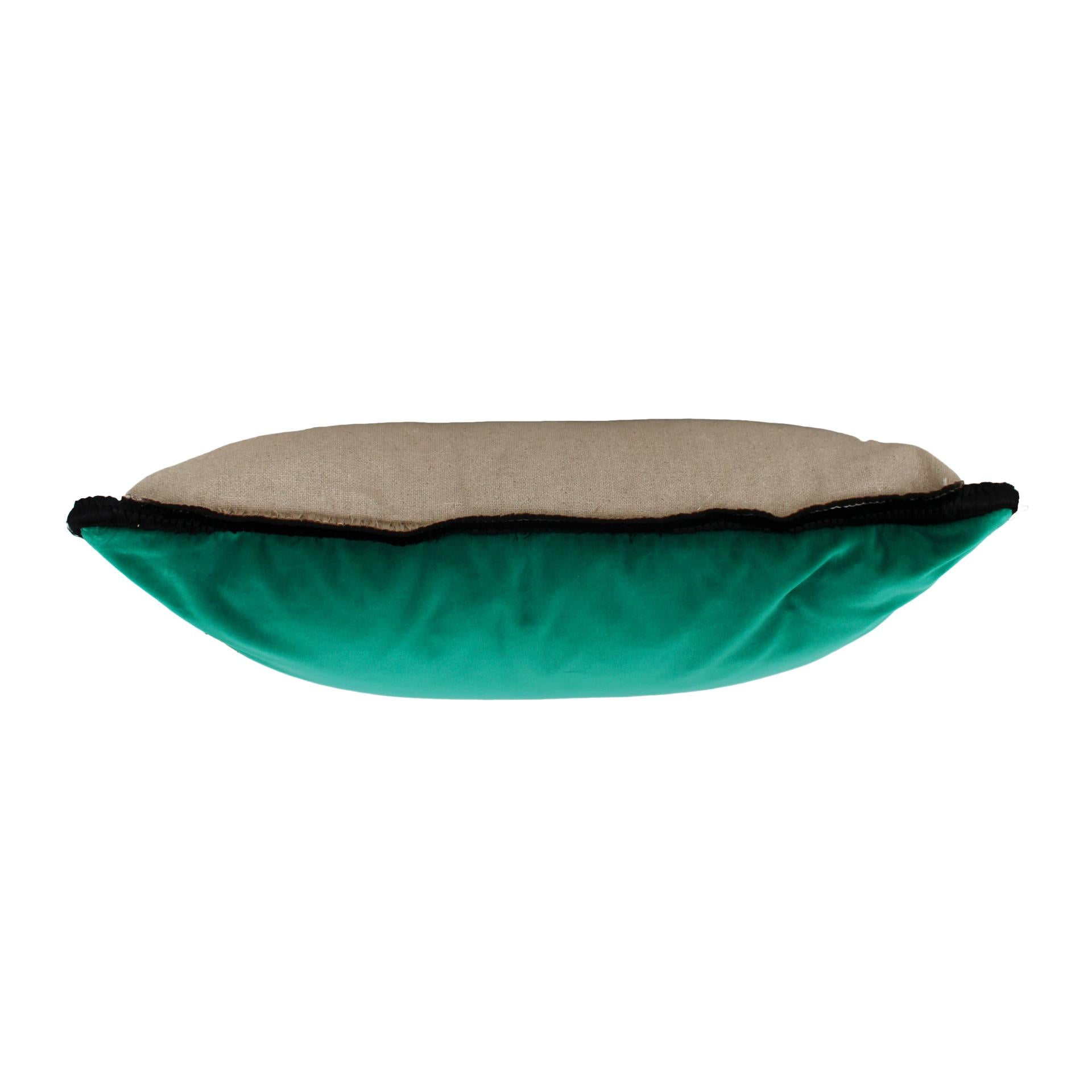 Green Velvet Cushion in Cotton with Double Tinsel Trim and Linen Back In Good Condition For Sale In Ibiza, Spain