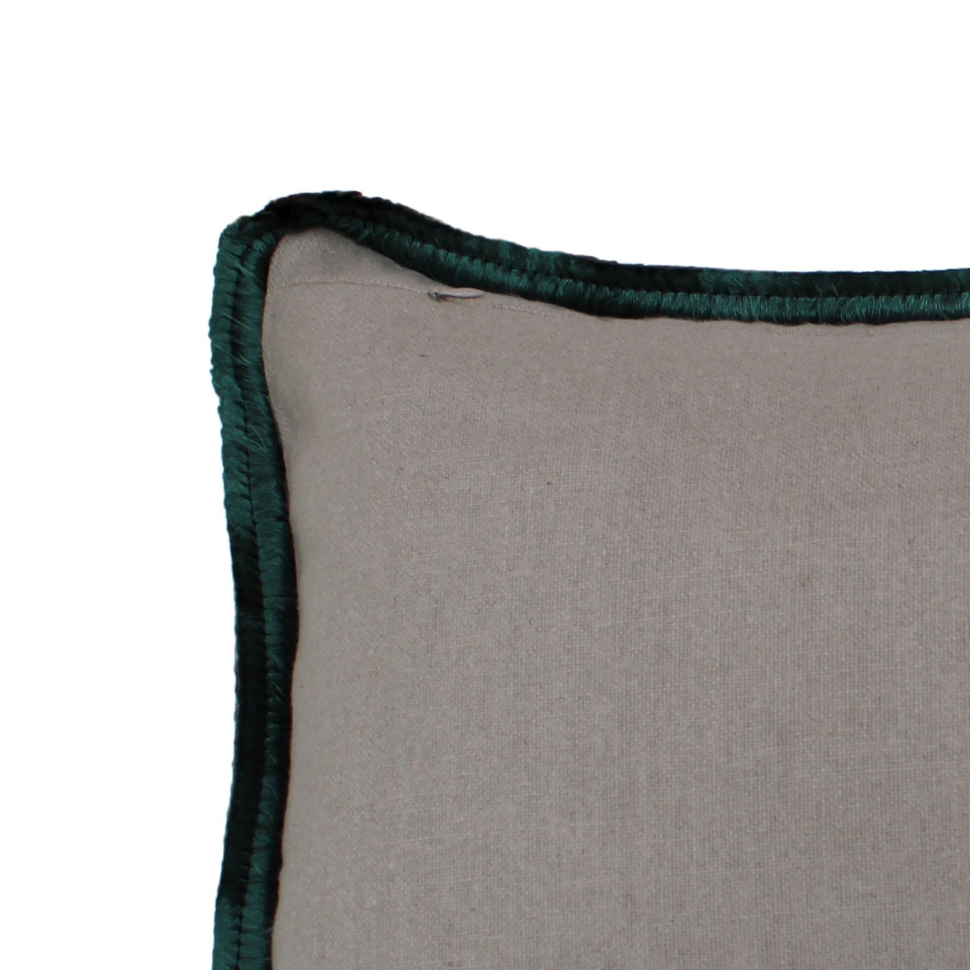 European Green Velvet Cushion in Cotton with Double Tinsel Trim and Linen Back For Sale