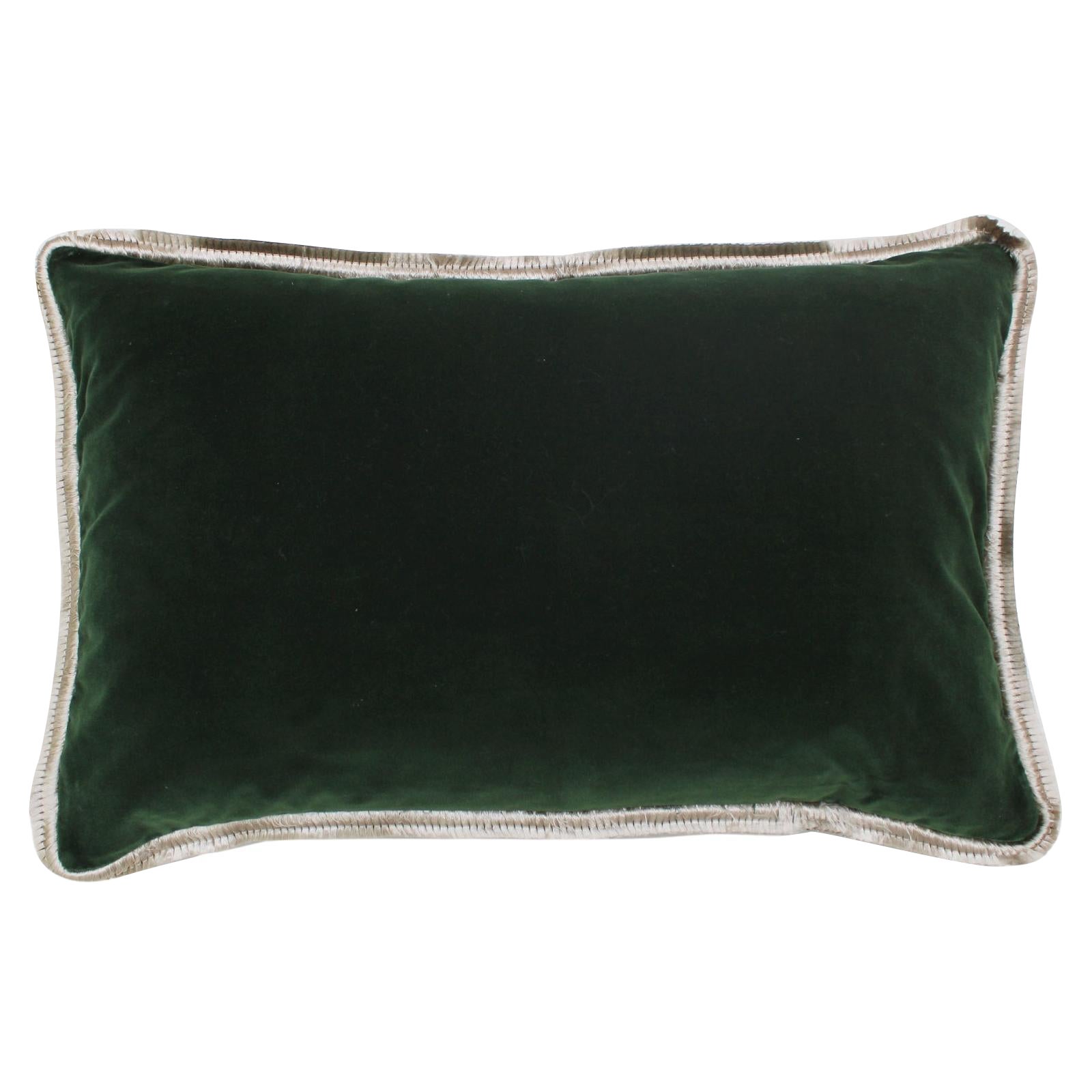 Cuscino in velluto verde e cotone con doppio orpello e retro in lino