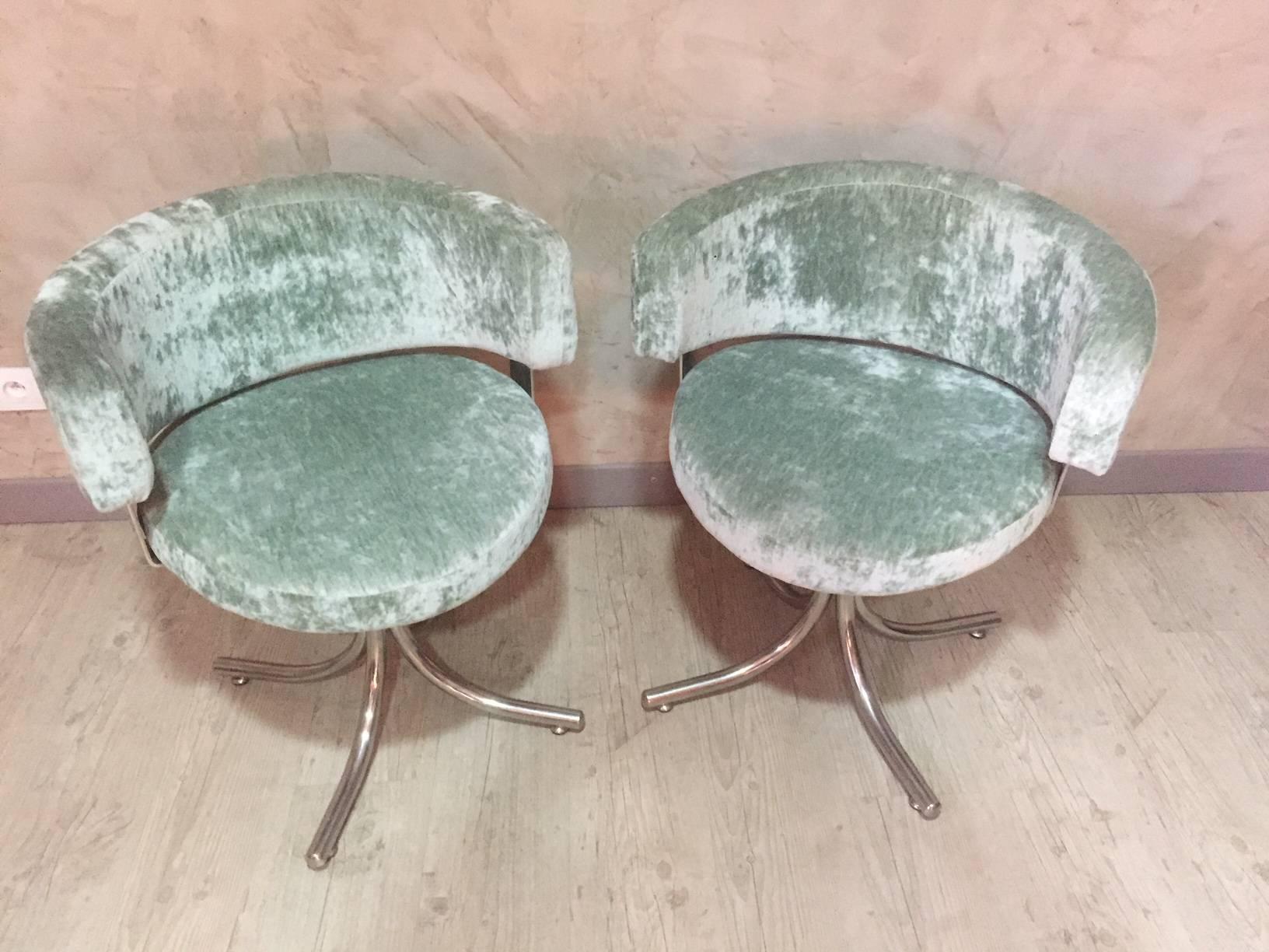 French Green Velvet Design Pair of Chromed Metal Armchairs, 1960s