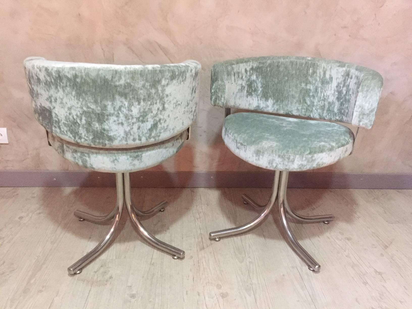 Gilt Green Velvet Design Pair of Chromed Metal Armchairs, 1960s
