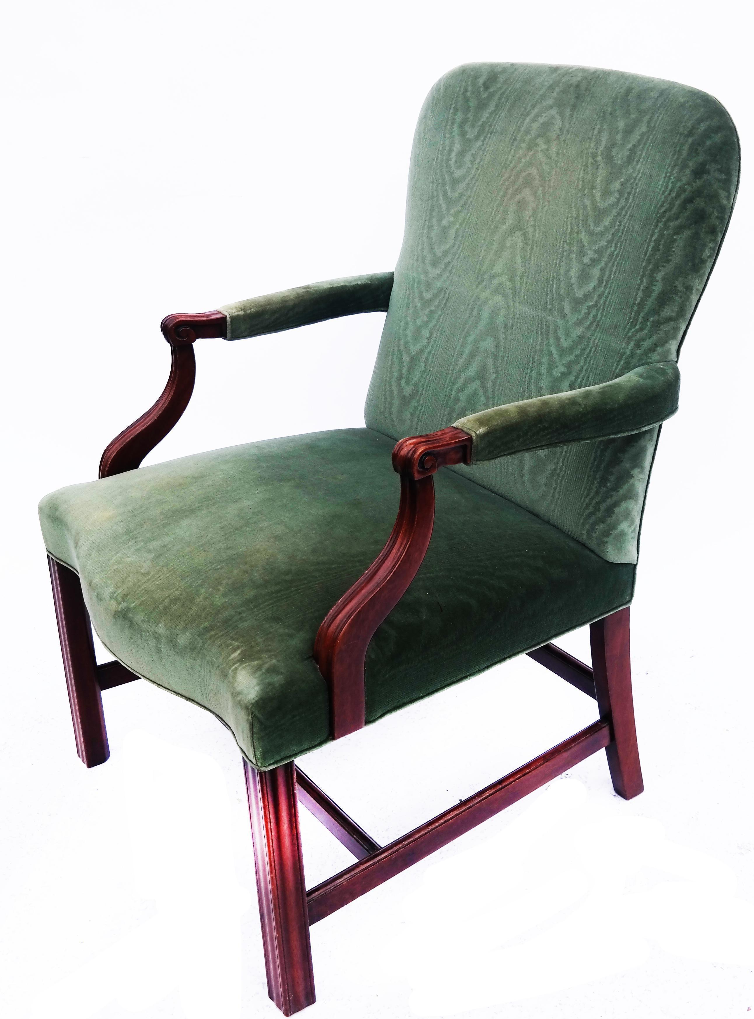 Green moire velvet English upholstered arm chair.