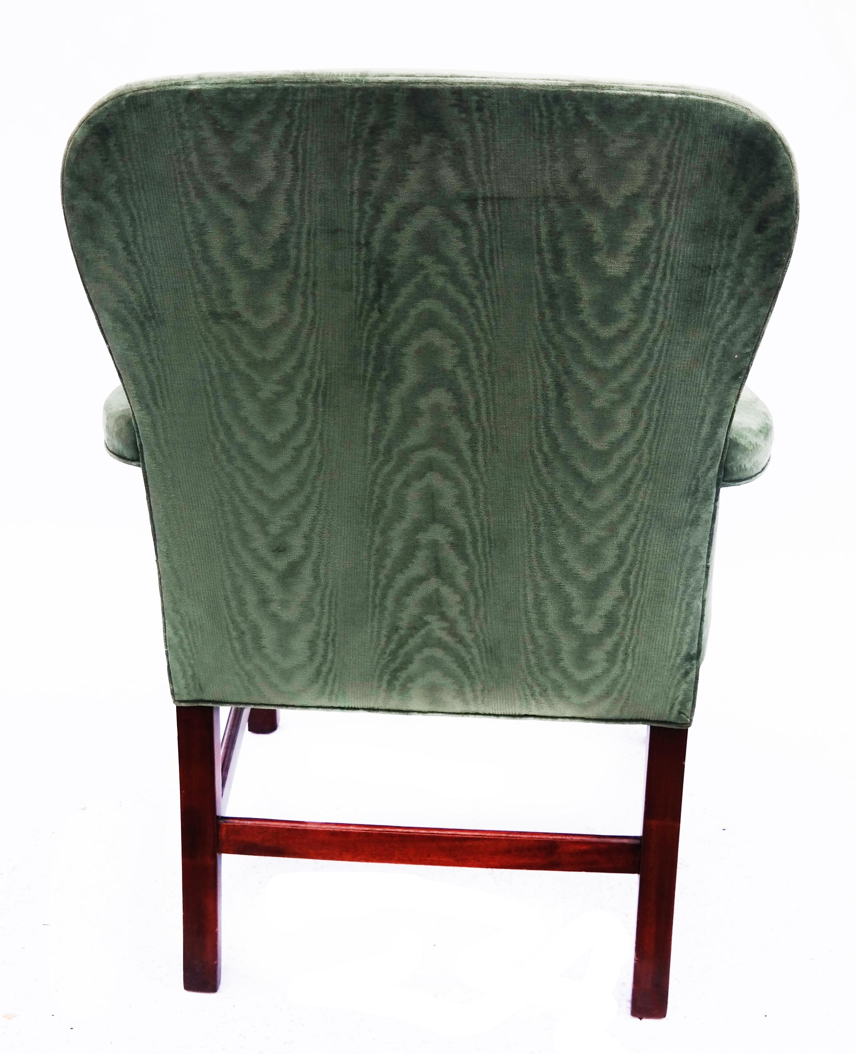 Green Velvet English Upholstered Arm Chair In Good Condition In Locust Valley, NY