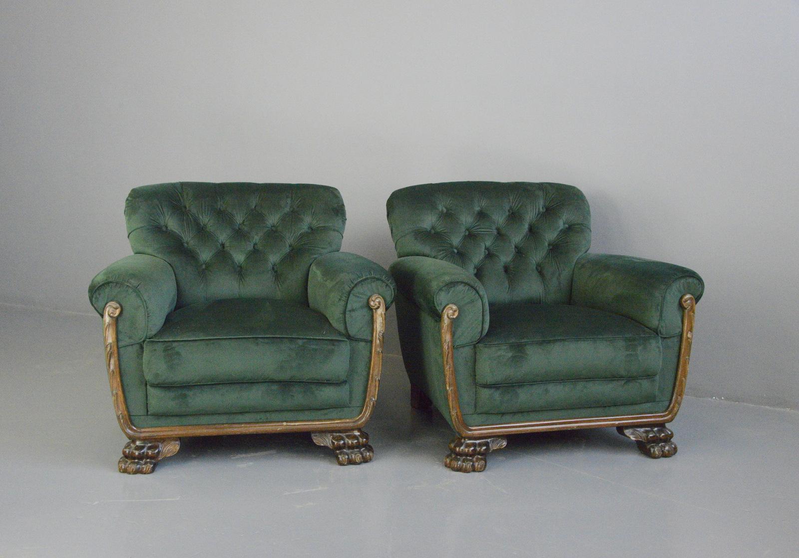 Green velvet German empire armchairs Circa 1900

- Oak feet and frame
- Sprung seats, back and armrests
- Button backed
- Newly upholstered in green velvet upholstery
- German ~ 1900
- 92cm wide x 80cm deep x 80cm tall
- 46cm seat