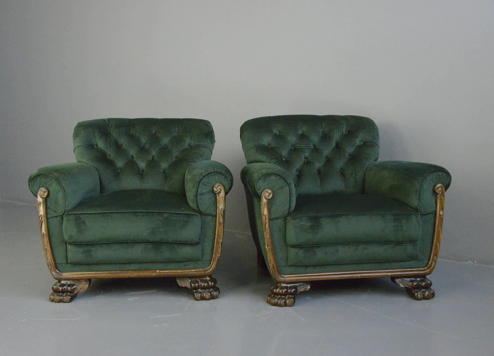 Oak Green Velvet German Empire Armchairs, Circa 1900