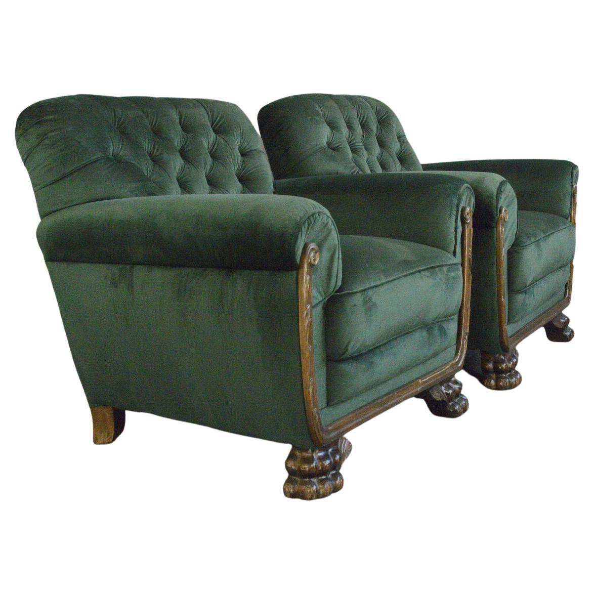 Green Velvet German Empire Armchairs, Circa 1900