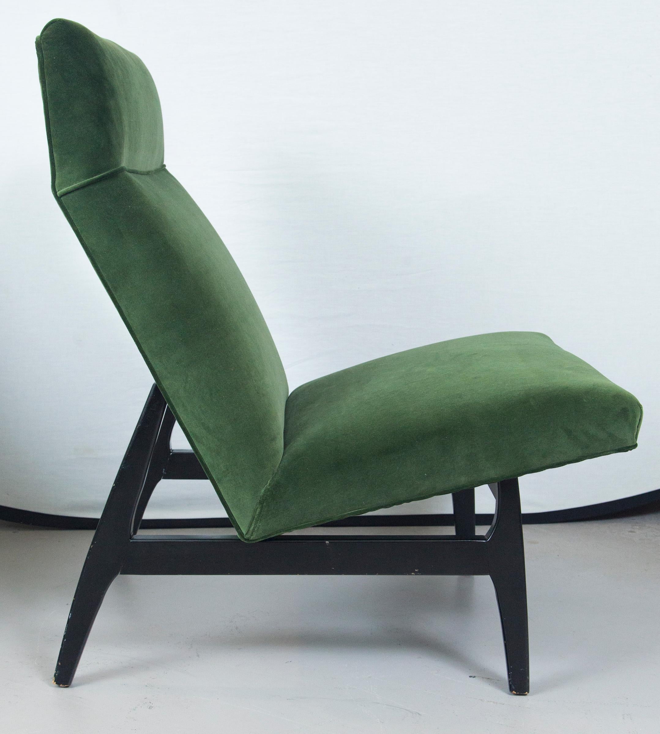 Jens Risom slipper chair newly reupholstered in green velvet.
