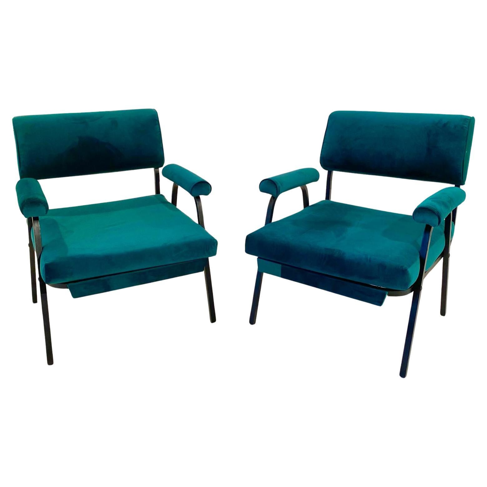 Mid-Century Modern Green velvet lounge chairs, Set of Two, vintage, Italy, 1960s