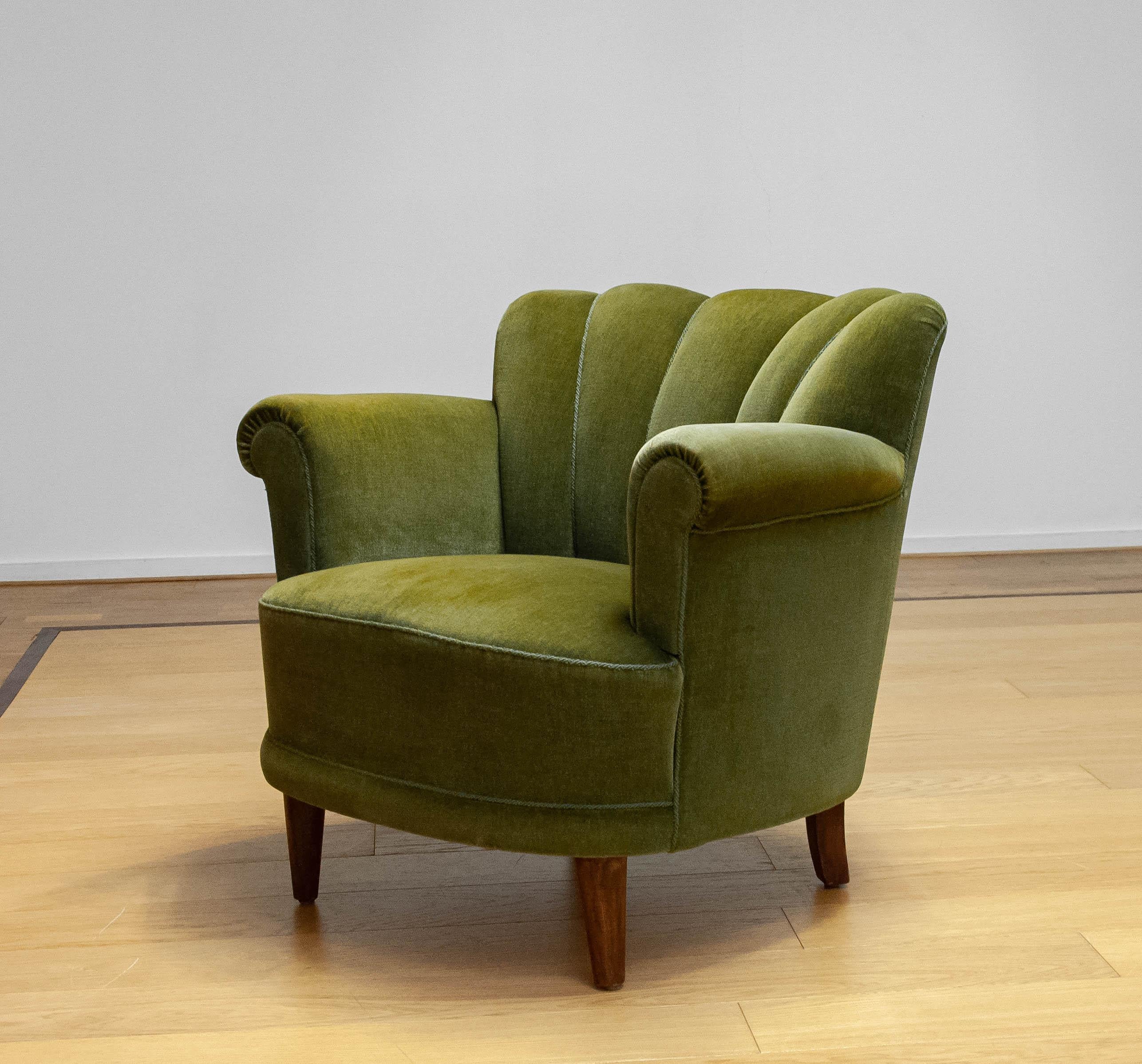 Art Nouveau Green Velvet Lounge / Easy Chair Attributed To Carl-Johan Boman Finland 1940