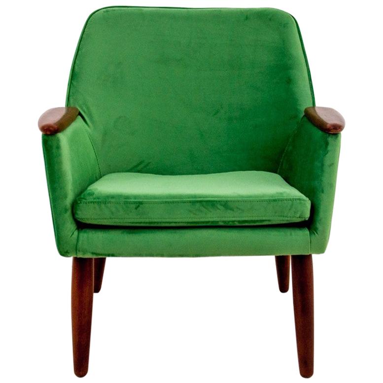 Green Velvet Modern Armchair, Danish Design, 1970s For Sale