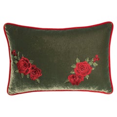Green Velvet Pillow with Rose Embroidery