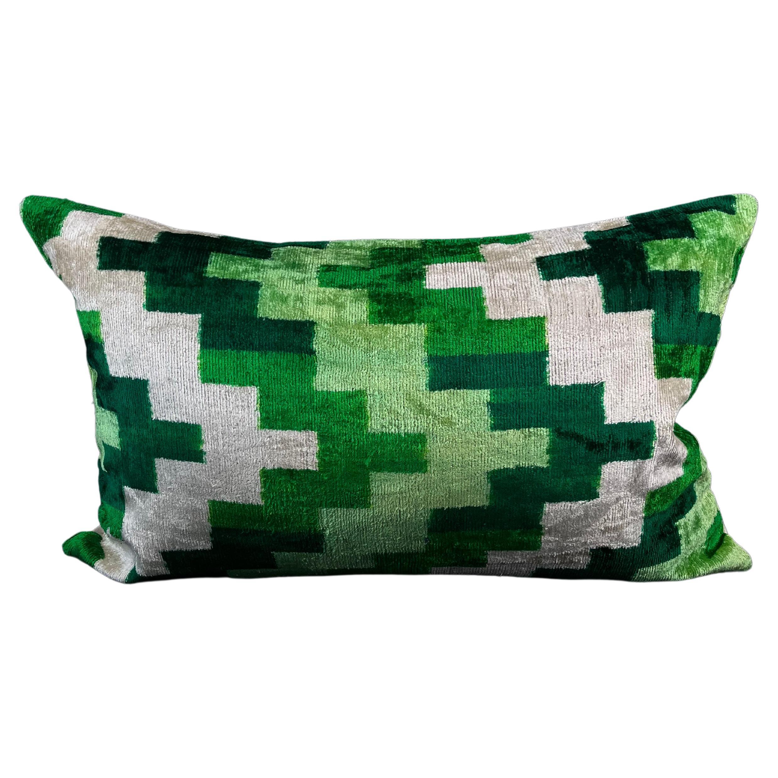Green Velvet Silk Ikat Pillow Cover For Sale