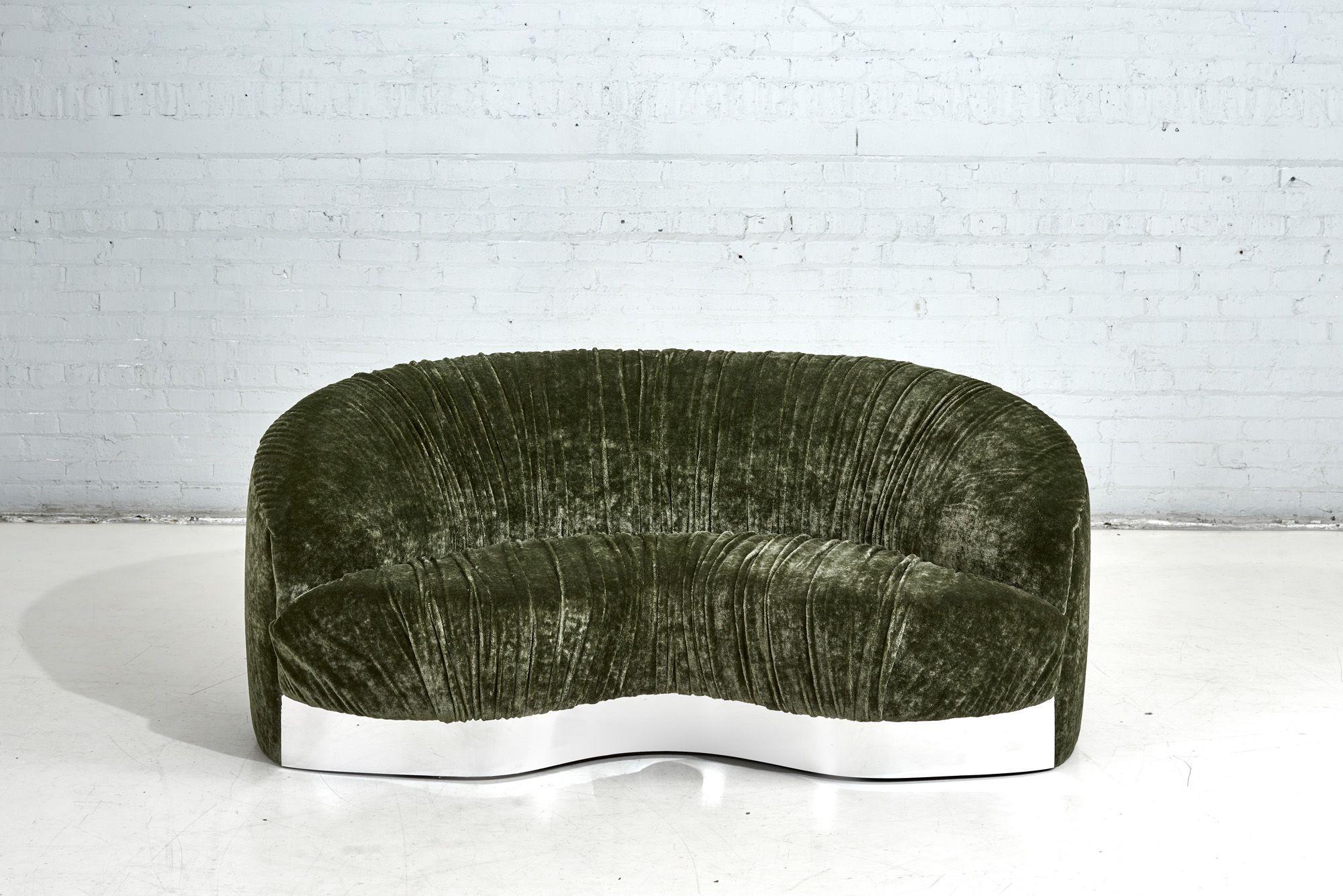 Green Velvet Sofa w/Chrome Front, 1960. Original upholstery high pile cotton velvet in excellent condition.