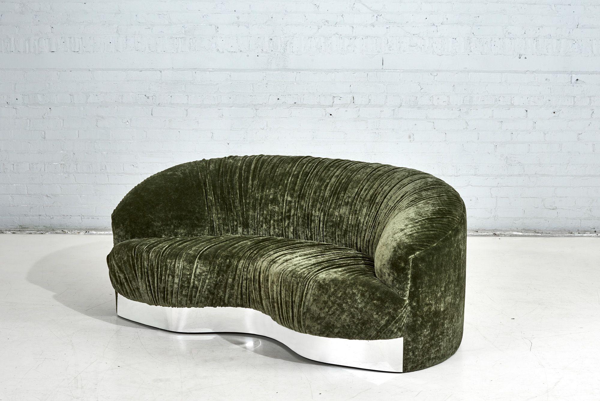 Mid-Century Modern Green Velvet Sofa  w/ Chrome Front, 1960 For Sale