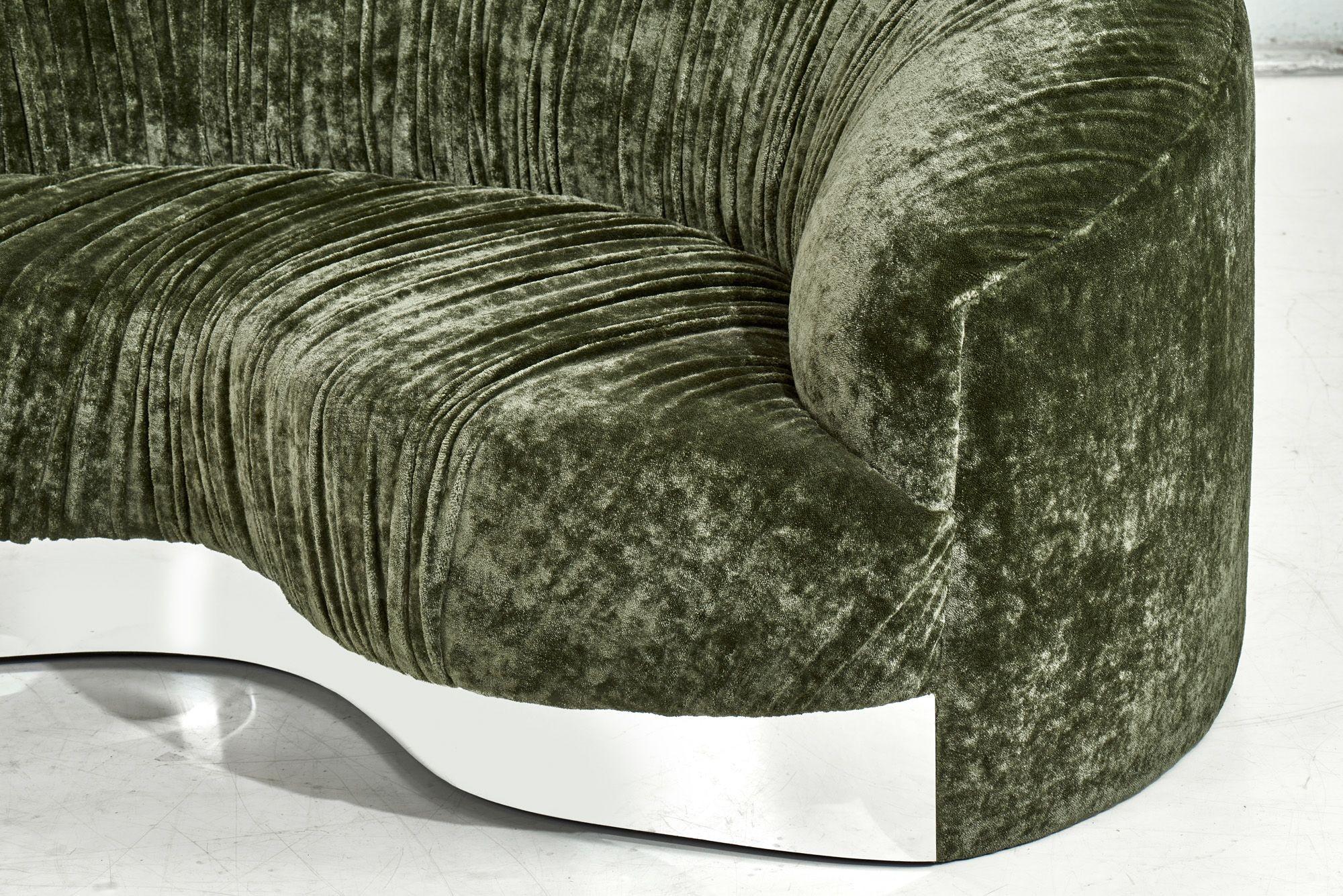 Upholstery Green Velvet Sofa  w/ Chrome Front, 1960 For Sale