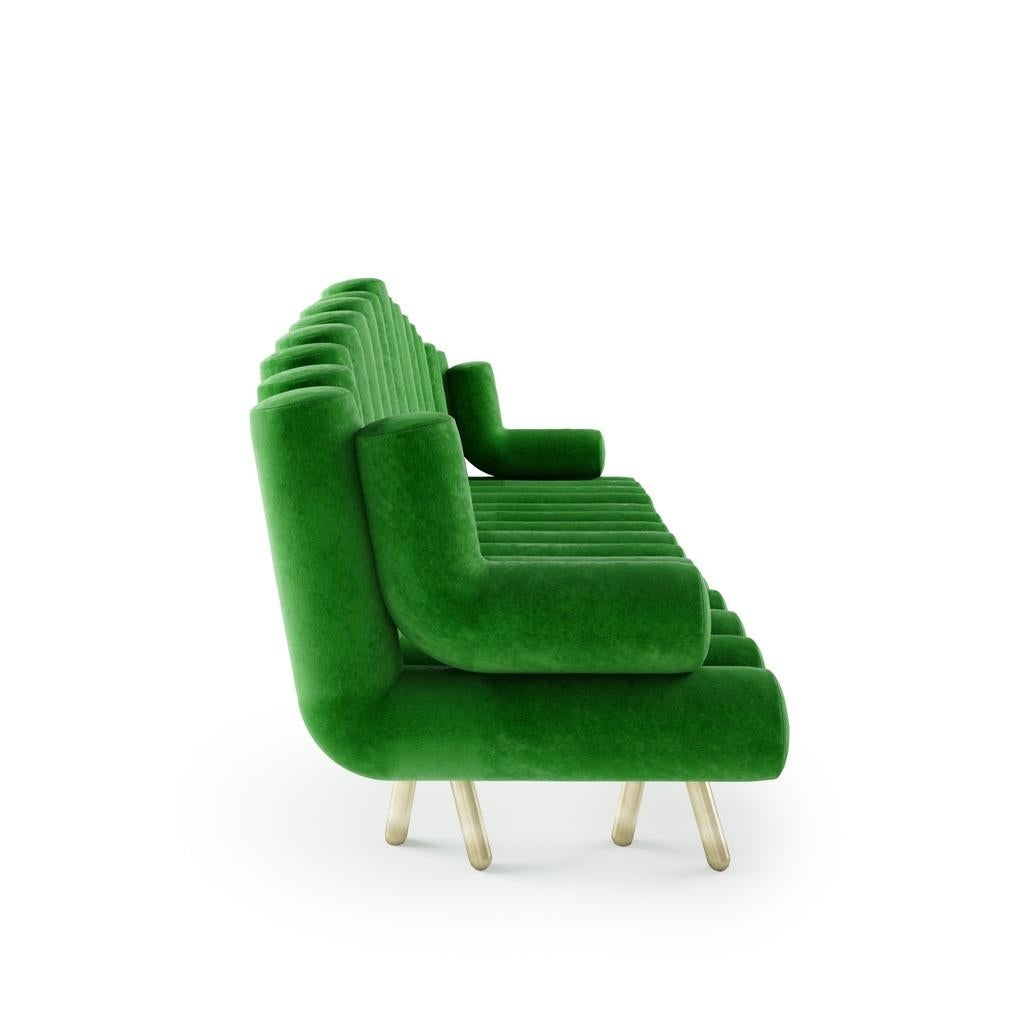 Modern Green Velvet Sofa with Brass Legs For Sale