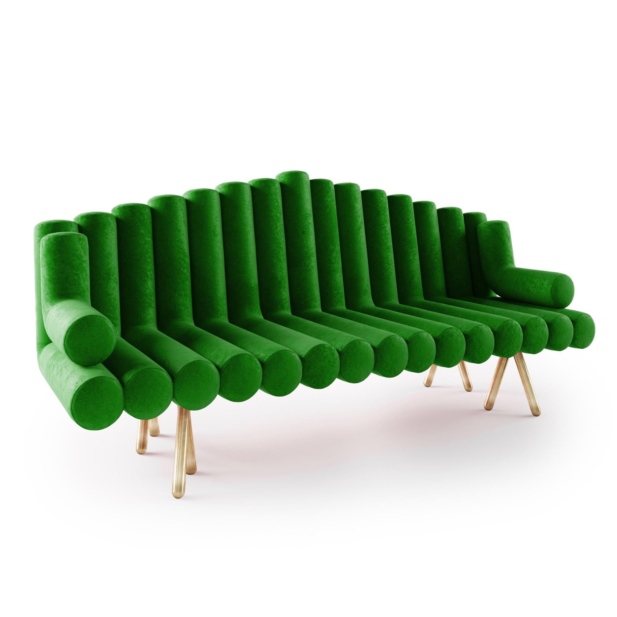American Green Velvet Sofa With Brass Legs For Sale