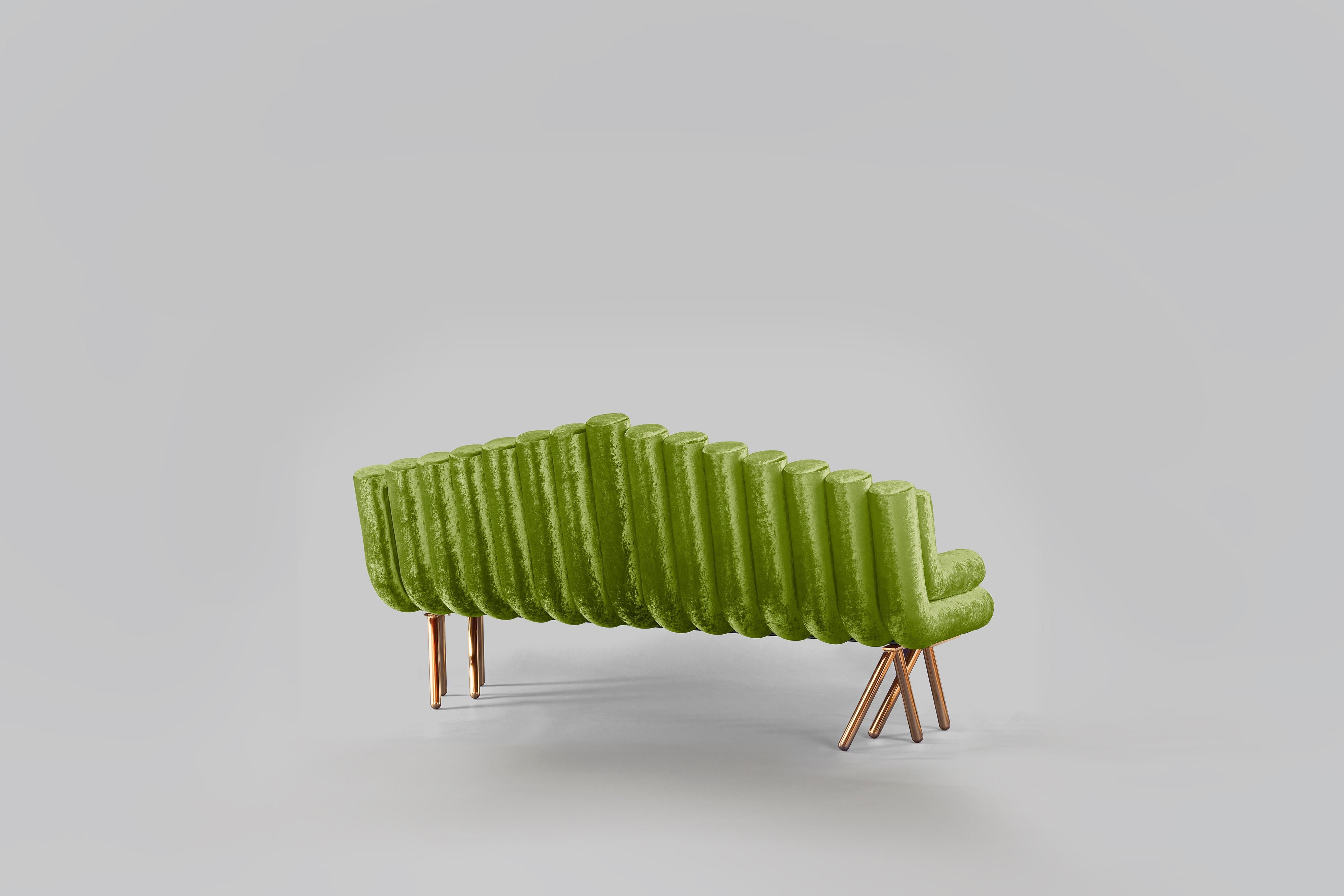 Art Deco Green Velvet Sofa With Polished Brass Legs For Sale