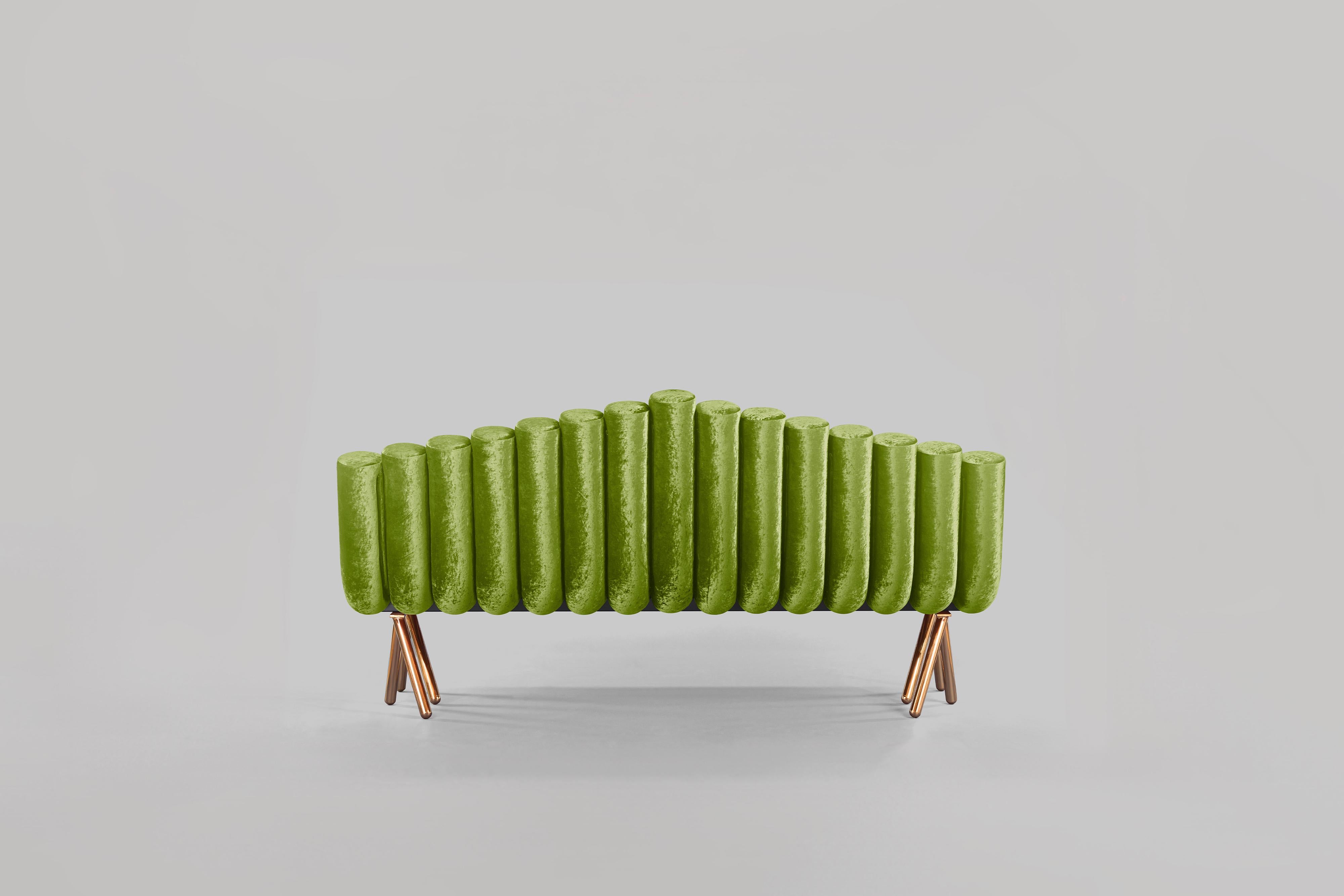 American Green Velvet Sofa With Polished Brass Legs For Sale