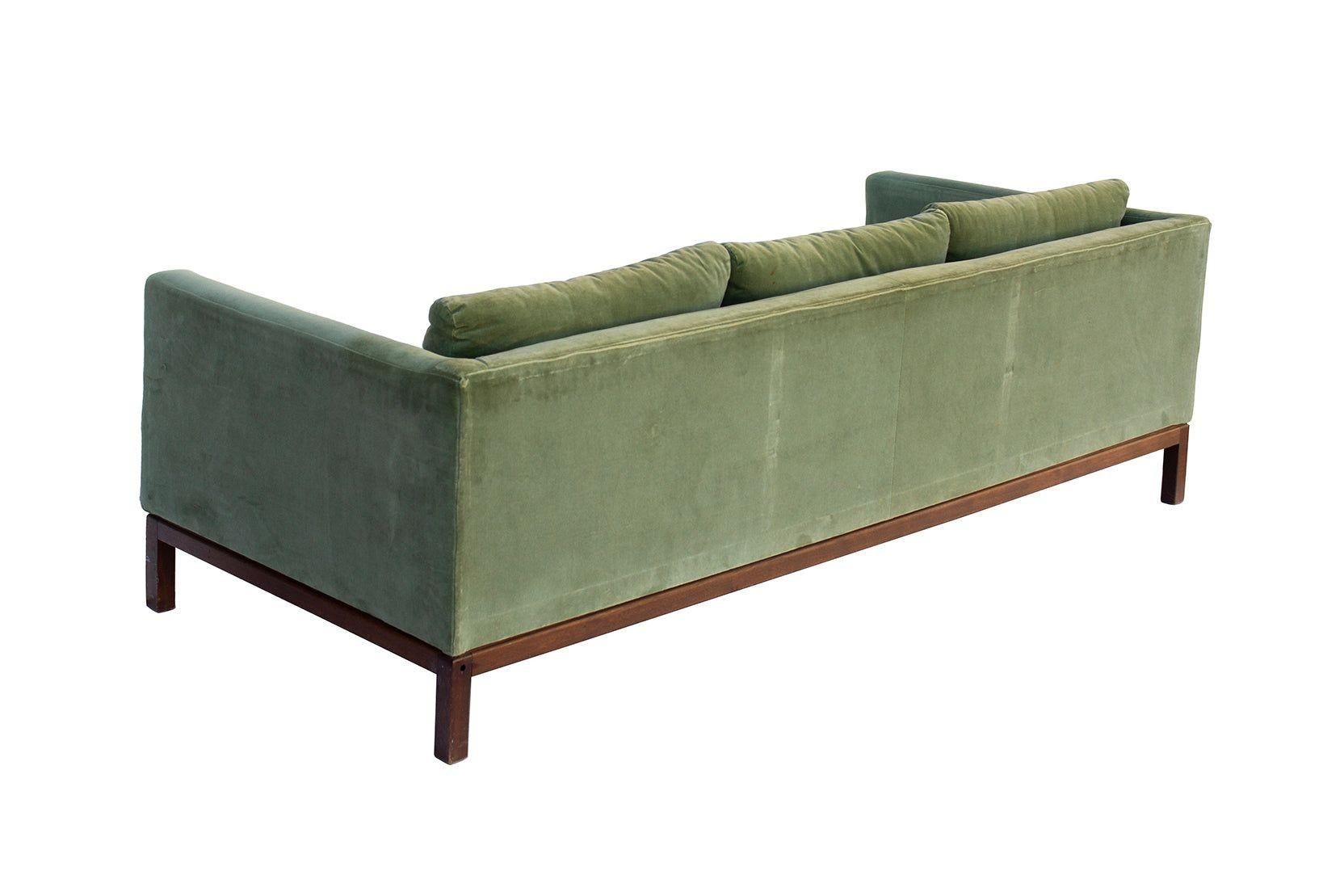 Green Velvet Sofa with Walnut Base 6