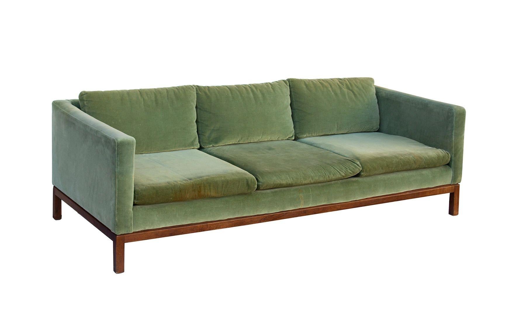 Mid-Century Modern Green Velvet Sofa with Walnut Base