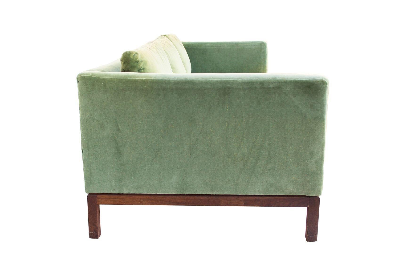 American Green Velvet Sofa with Walnut Base