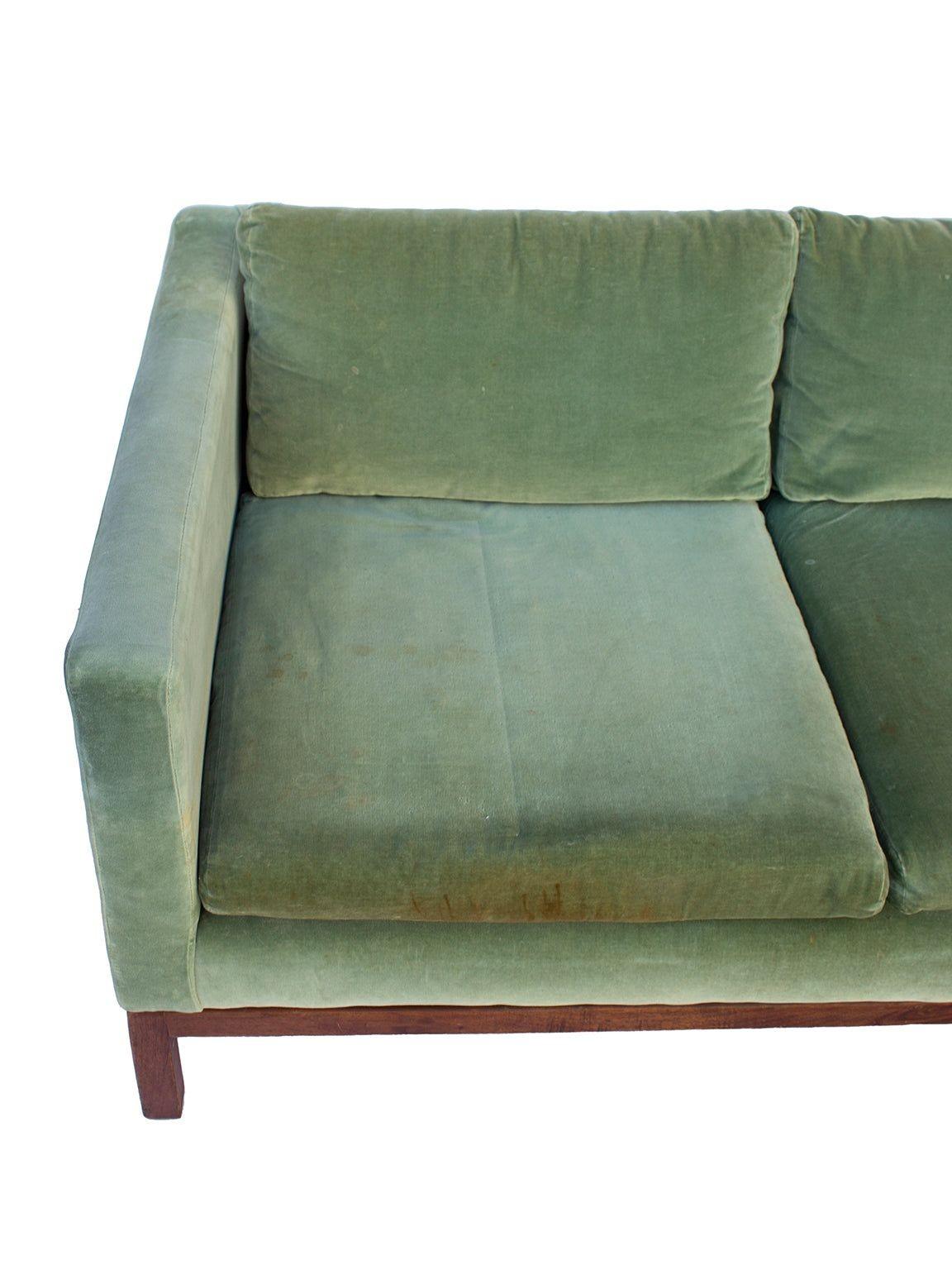 Green Velvet Sofa with Walnut Base In Distressed Condition In Grand Rapids, MI