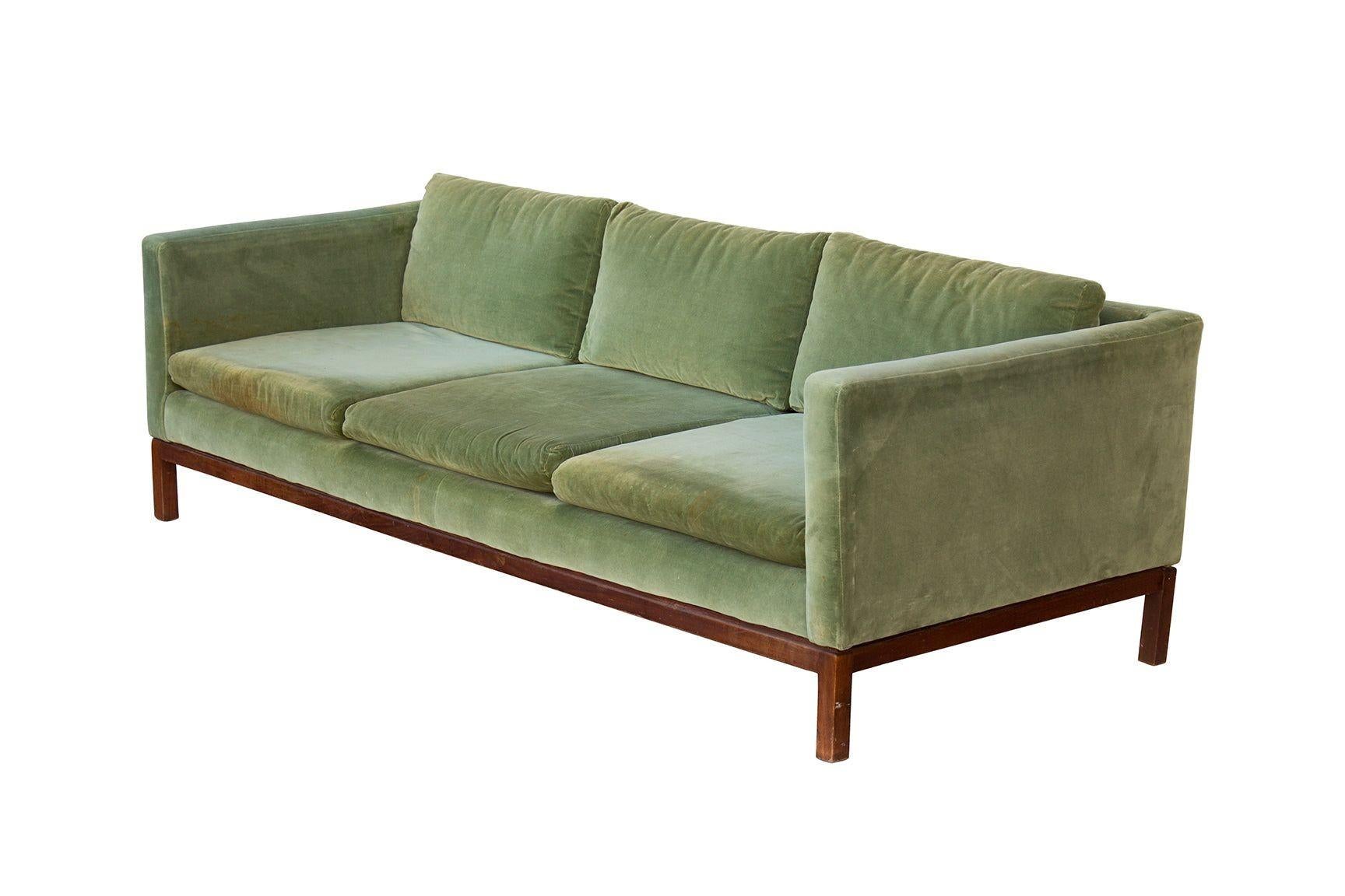 Mid-20th Century Green Velvet Sofa with Walnut Base