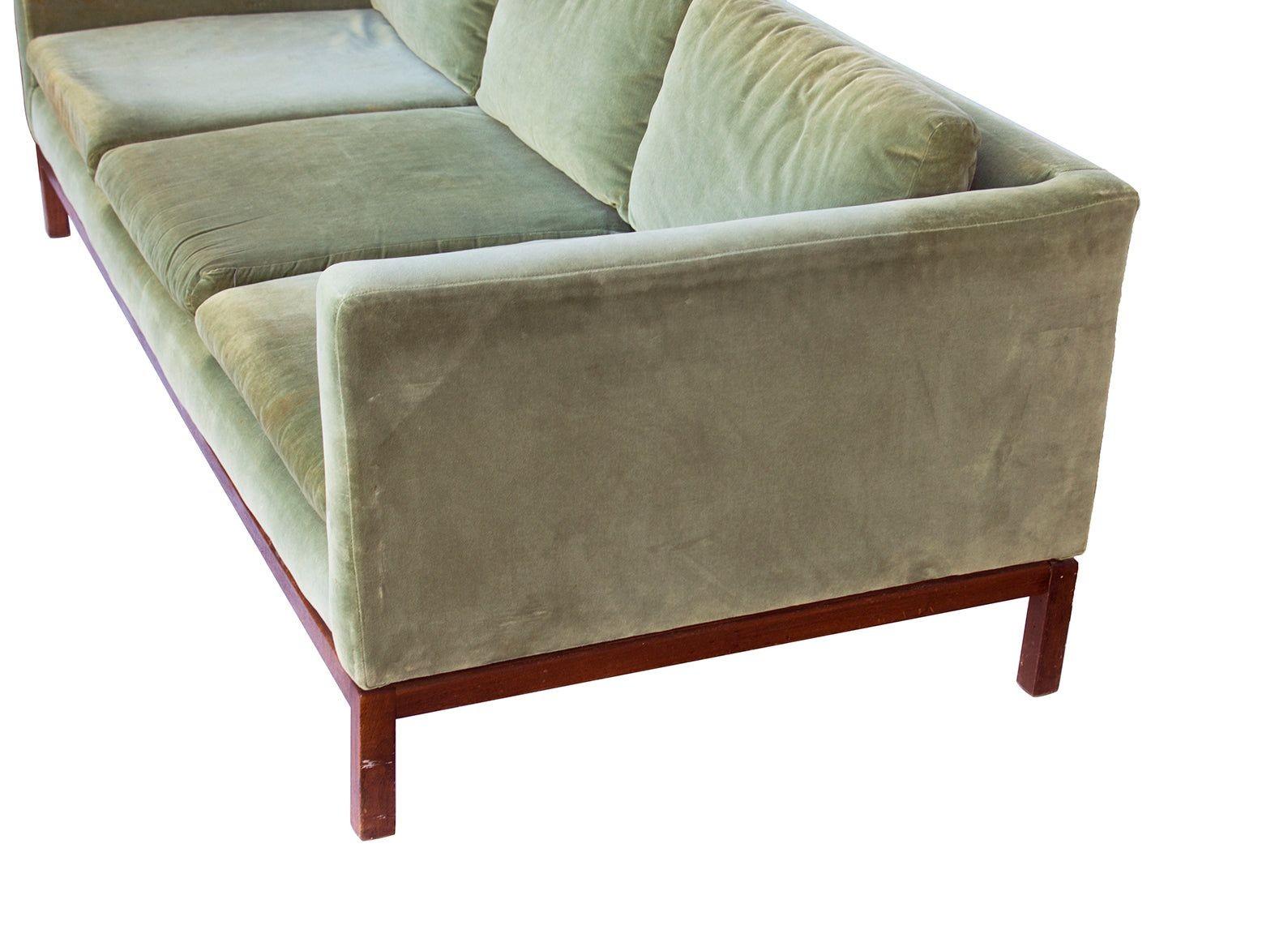 Green Velvet Sofa with Walnut Base 2