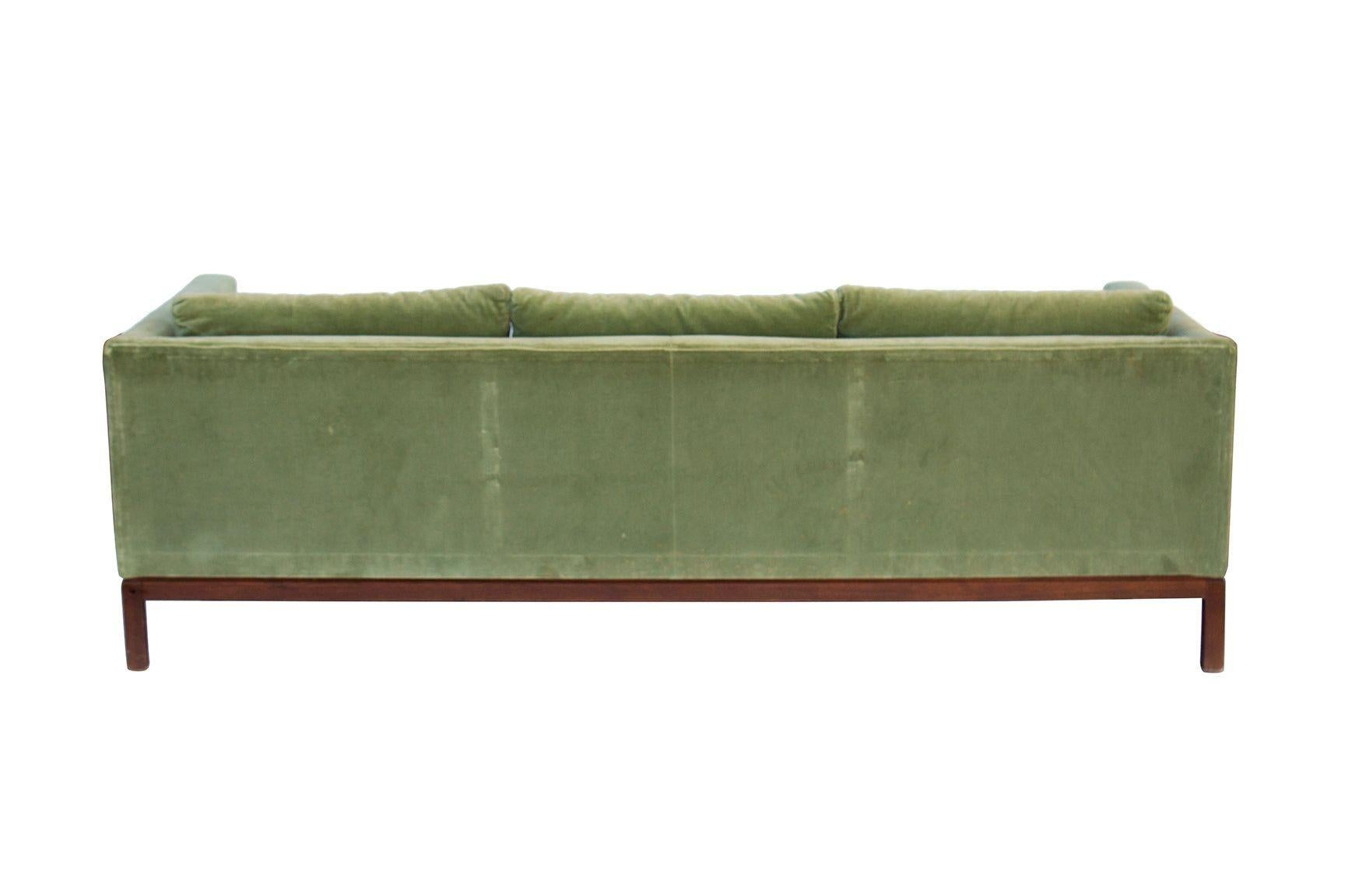 Green Velvet Sofa with Walnut Base 3
