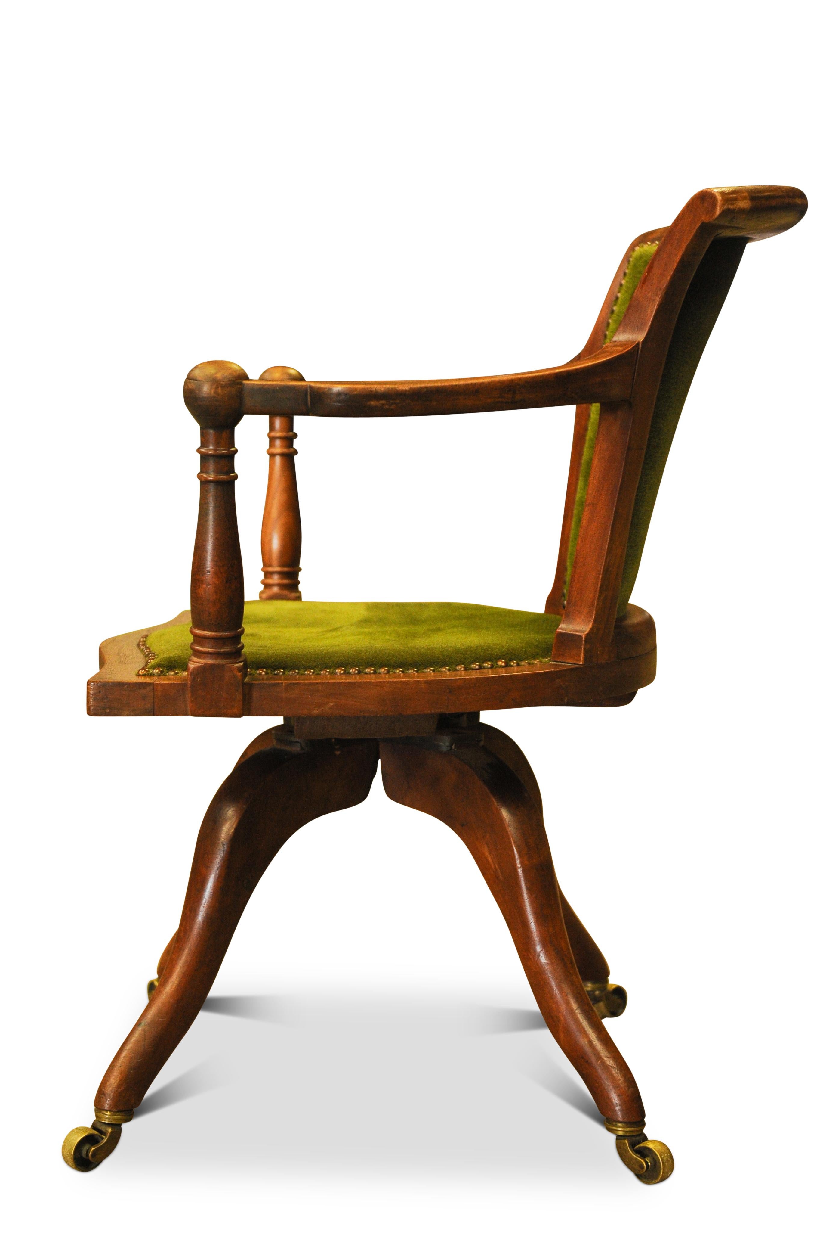 Aesthetic Movement Victorian Velvet Swivel Desk Chair Brass Castors by Jas Shoolbred & Co London