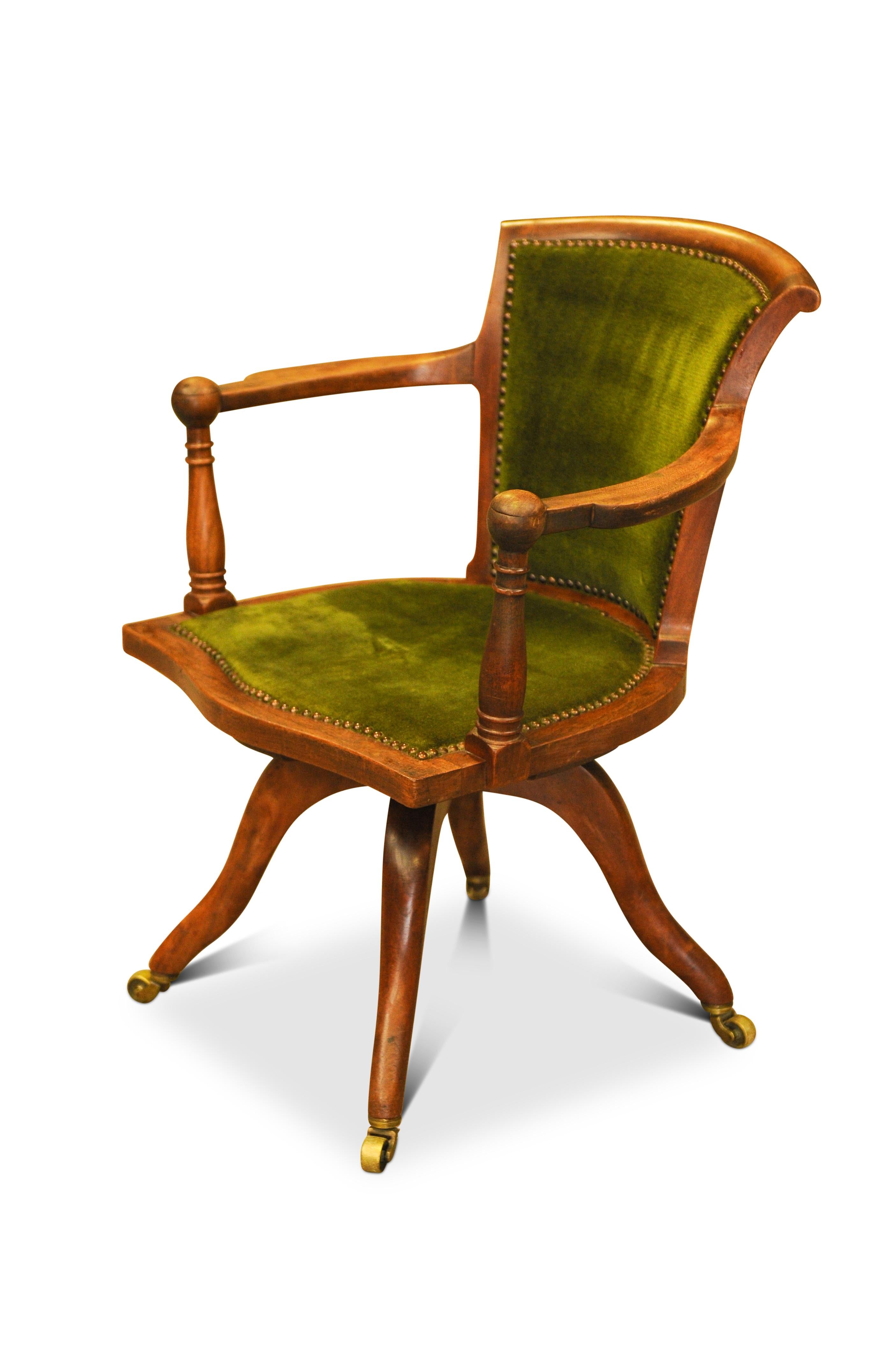 British Victorian Velvet Swivel Desk Chair Brass Castors by Jas Shoolbred & Co London