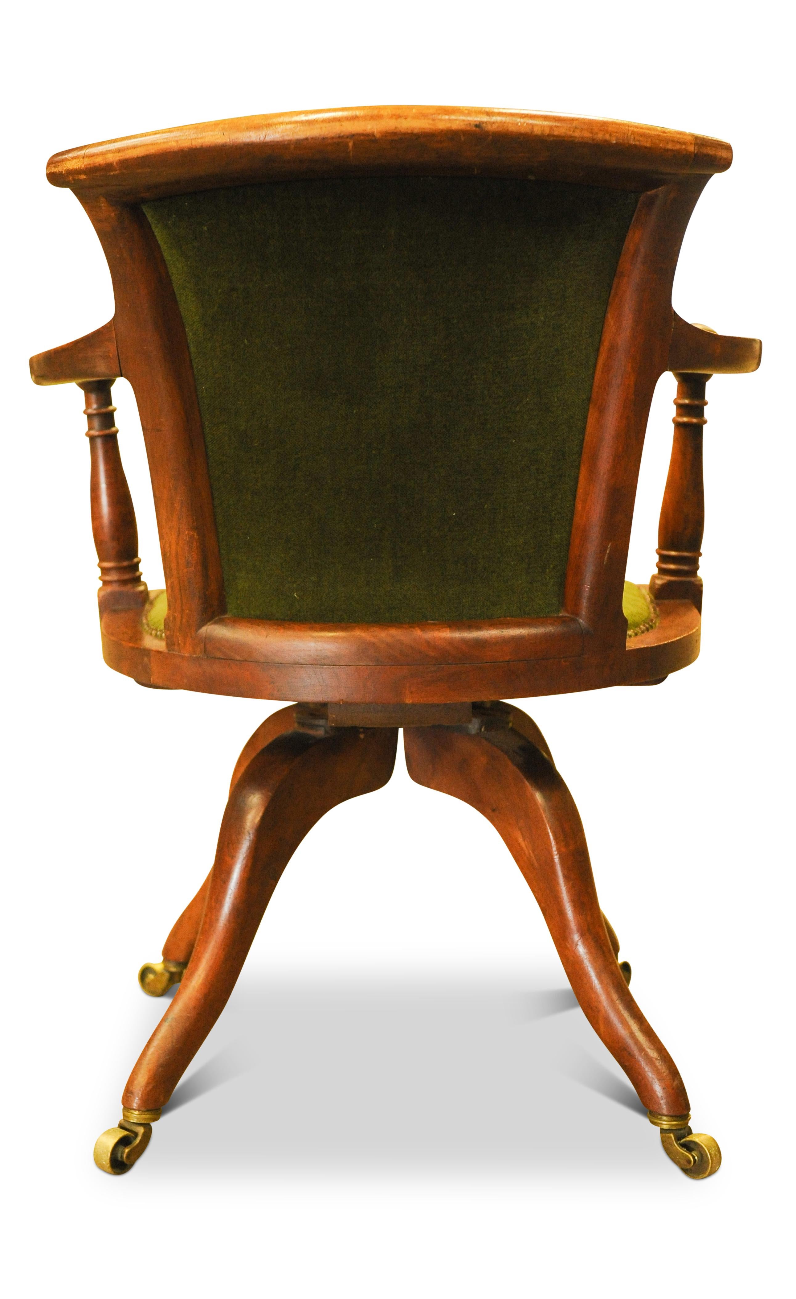 Victorian Velvet Swivel Desk Chair Brass Castors by Jas Shoolbred & Co London In Good Condition In Reading, Berkshire